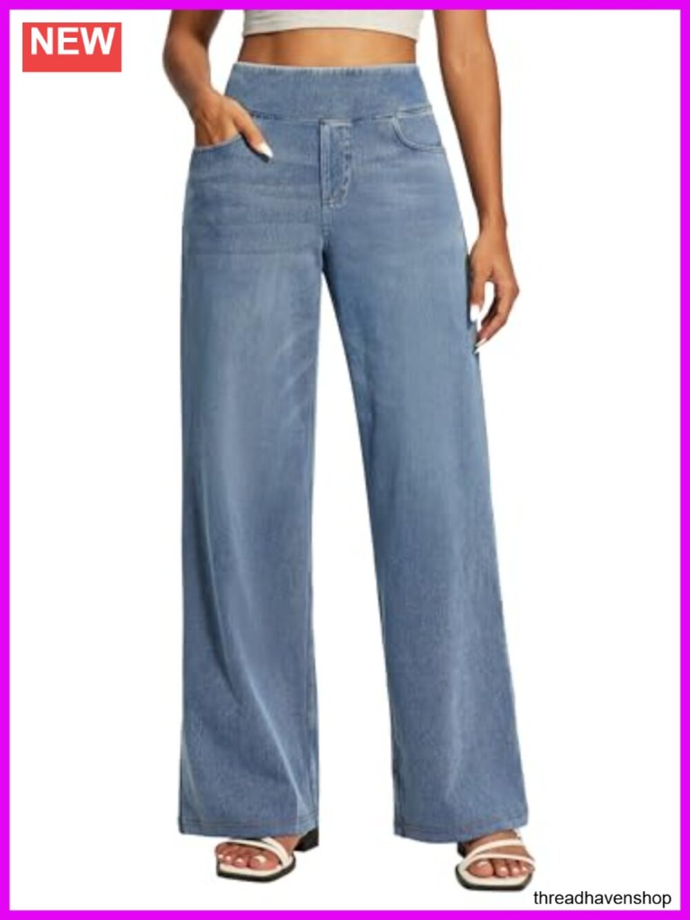 Wide Leg Jeans for Women High Waisted Pull On Stretchy Denim Pants 4 Pockets